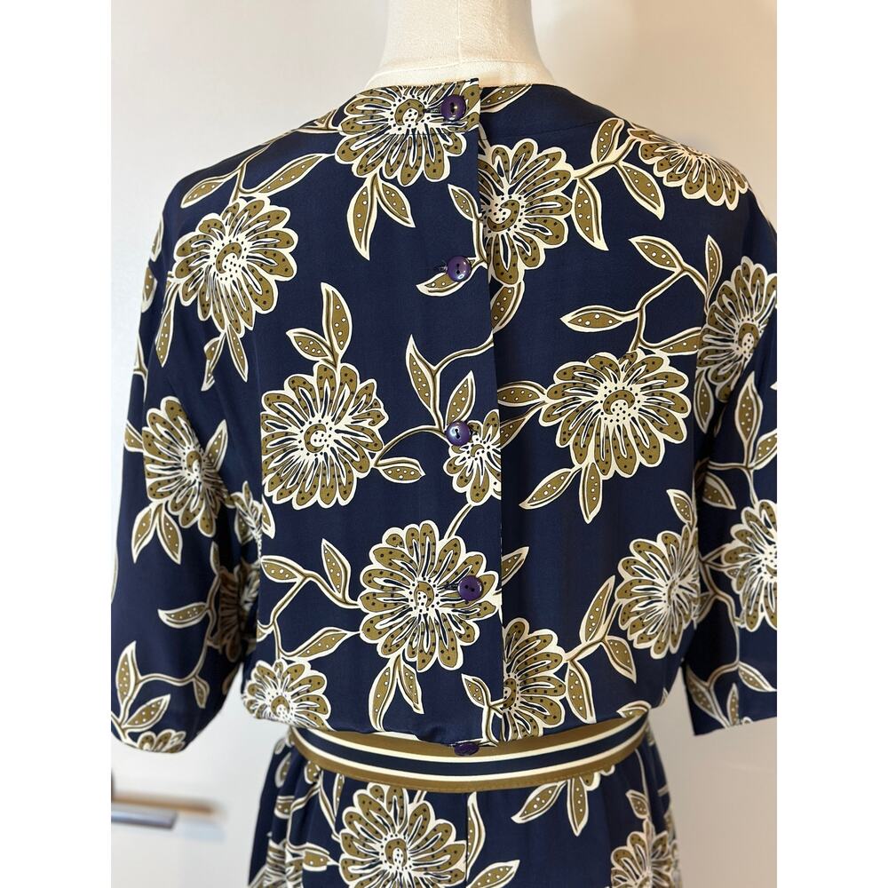 Vintage 90s Liz Claiborne 100% Silk Dress Size 12 Blue Floral Print Belt Modest - Picture 5 of 10